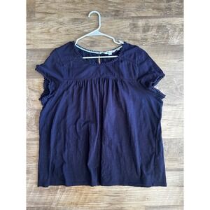 Boden Navy Blue Top Size US 18 Minimalist, Short Sleeves, Pom Lace‎ Detail